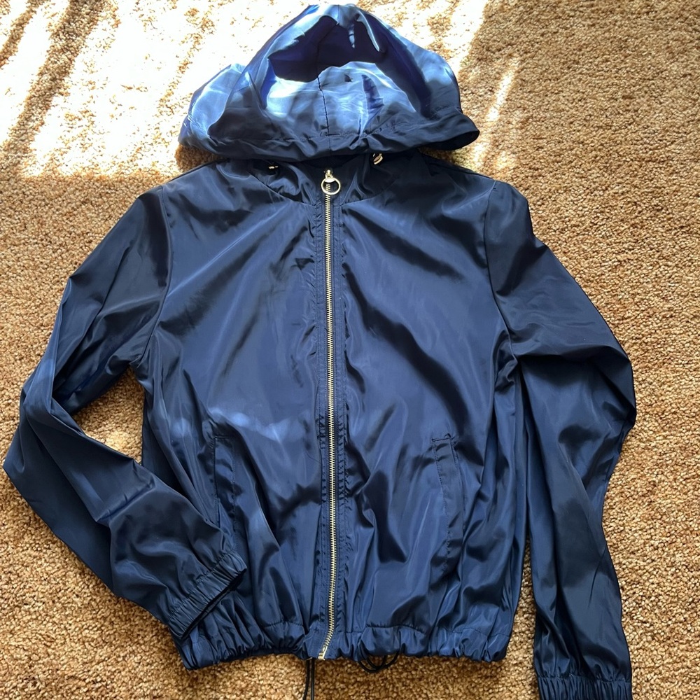 Navy Blue Hooded Windbreaker Jacket